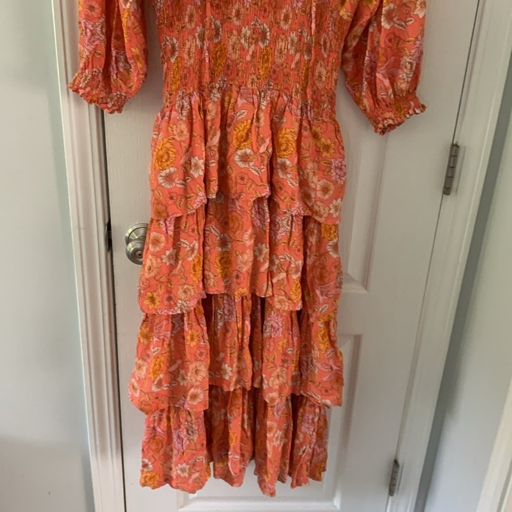 ELF Wrap Dress made by hand Size L birds Floral print ruffle smocked waist tie - Picture 8 of 16